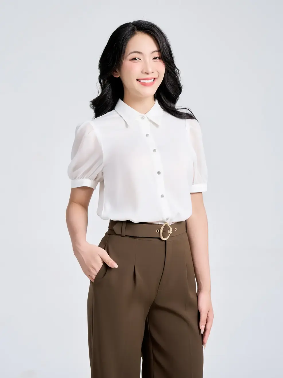 Áo Sơ Mi Tay Ngắn Nữ Tay Phối Tơ Bồng - Trắng - M