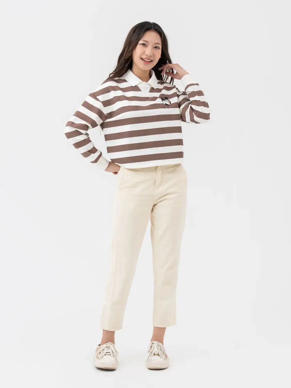 Áo Thu Đông Nữ Mickey Phối Kẻ - Kẻ trắng nâu - S