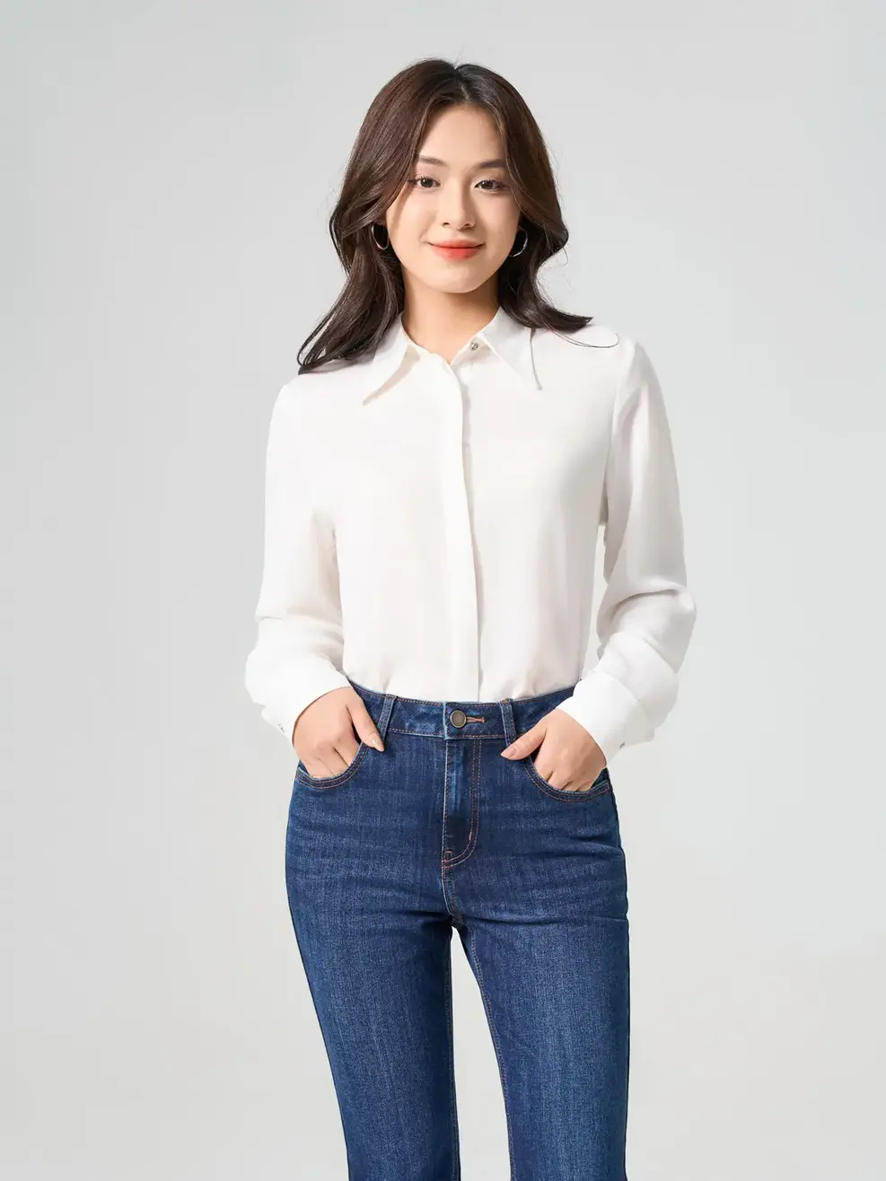 Áo Sơ Mi Tay Dài Nữ Nẹp Dấu Khuy Cơ Bản - Trắng - M