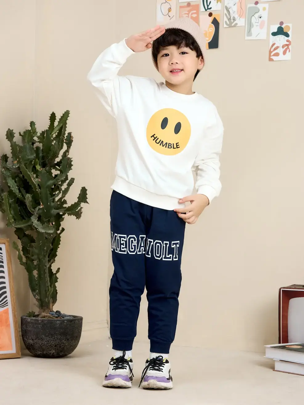 Bộ đồ kid in mặt cười - Trắng phối navy. - 2