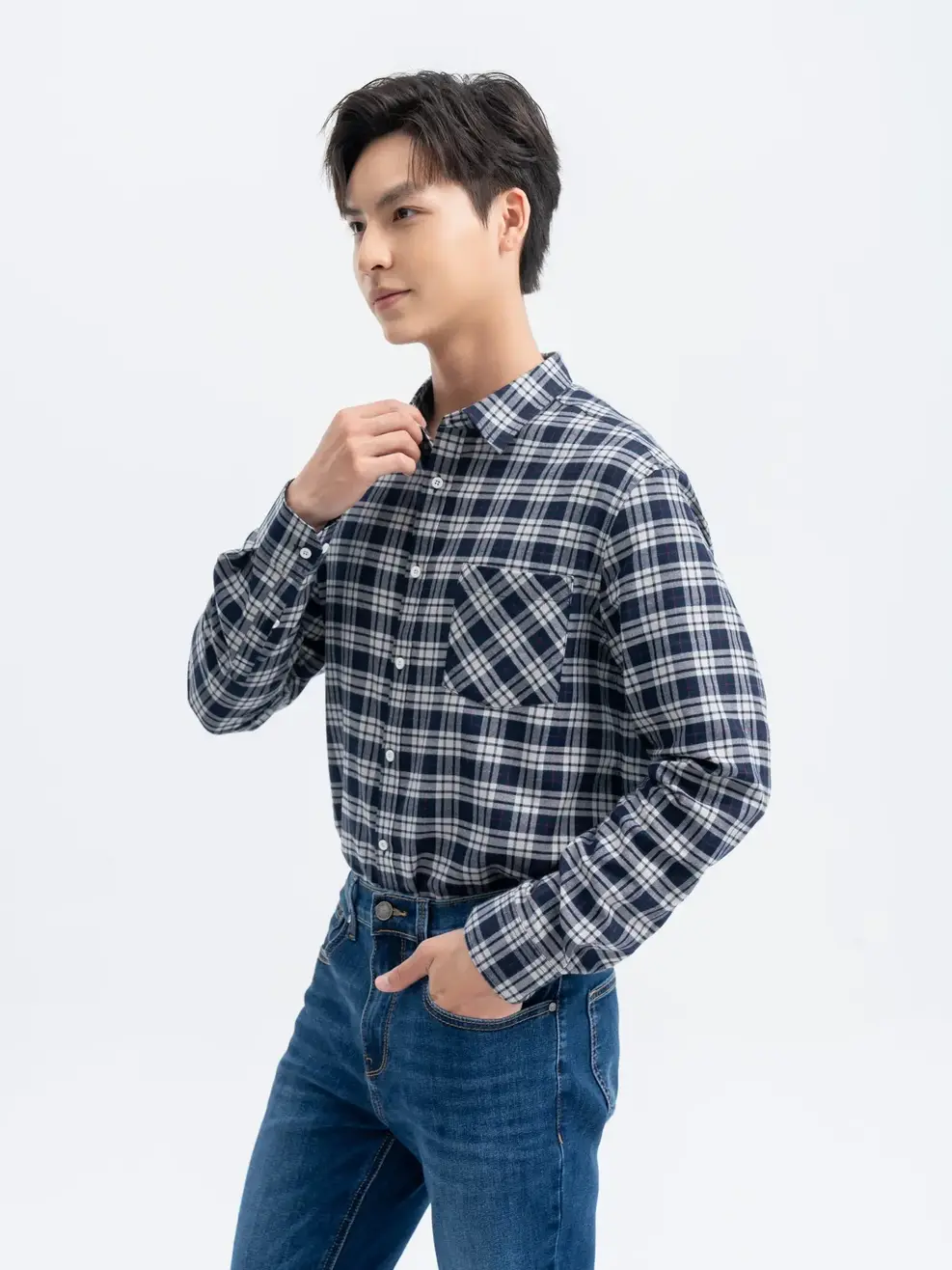 Sơ Mi Dài Tay Nam Kẻ Caro Túi Ngực - Kẻ xanh đen - M