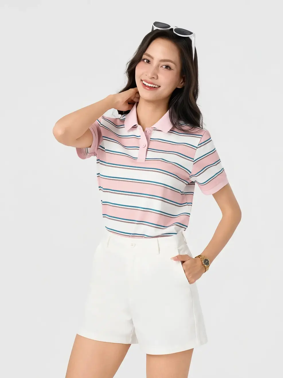 Áo Polo Nữ Phom Regular Kẻ Ngang - Kẻ Hồng 143 - S