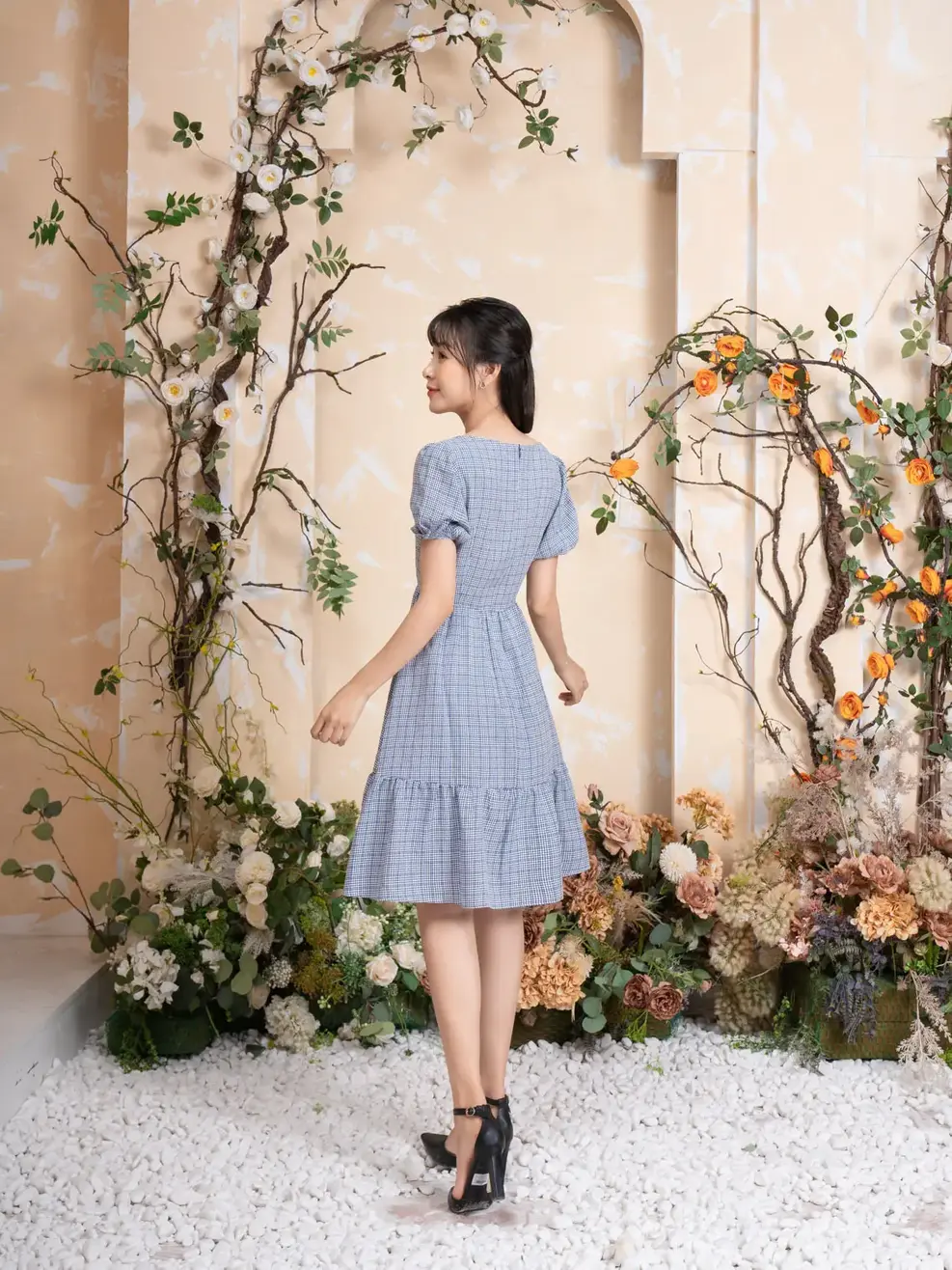 Váy nữ xoè Gingham - Tím than - S