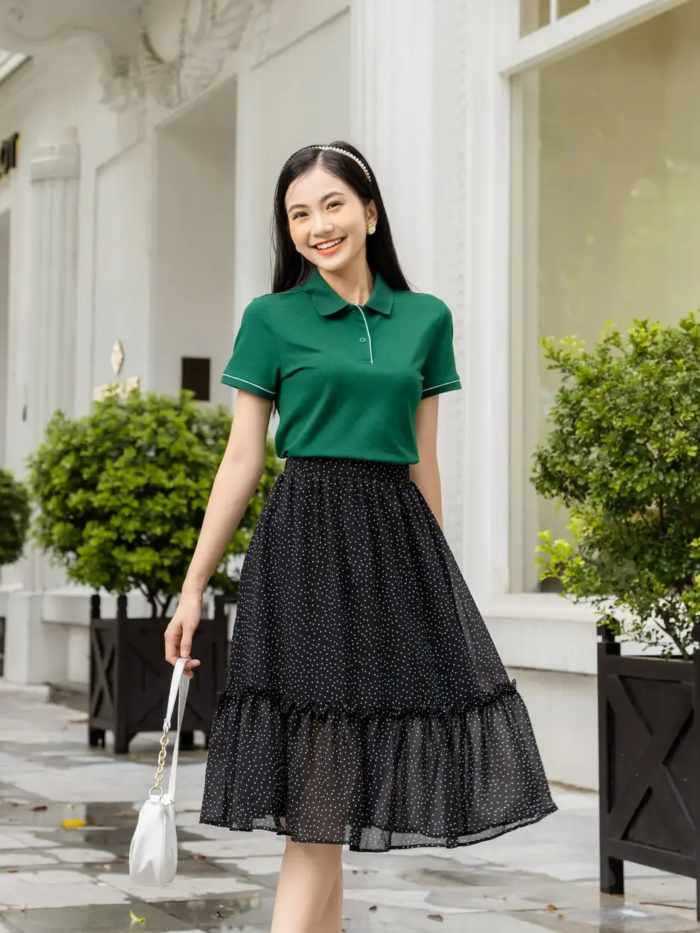 Chân váy Voan chấm bi xoè rủ - Đen - S