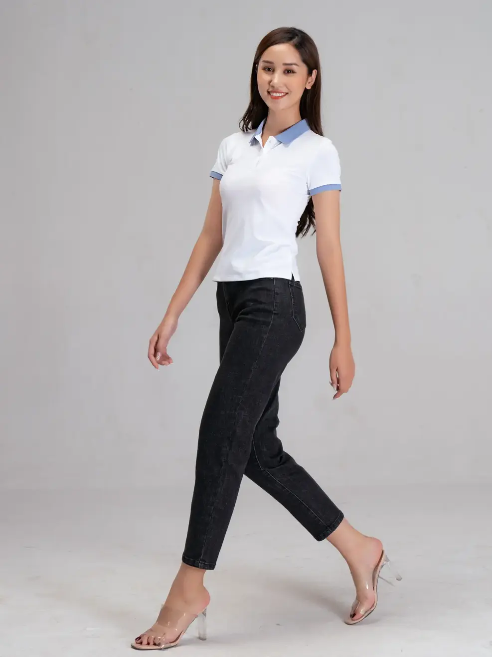 Polo nữ coolmax phối bo - Trắng xanh lơ - L