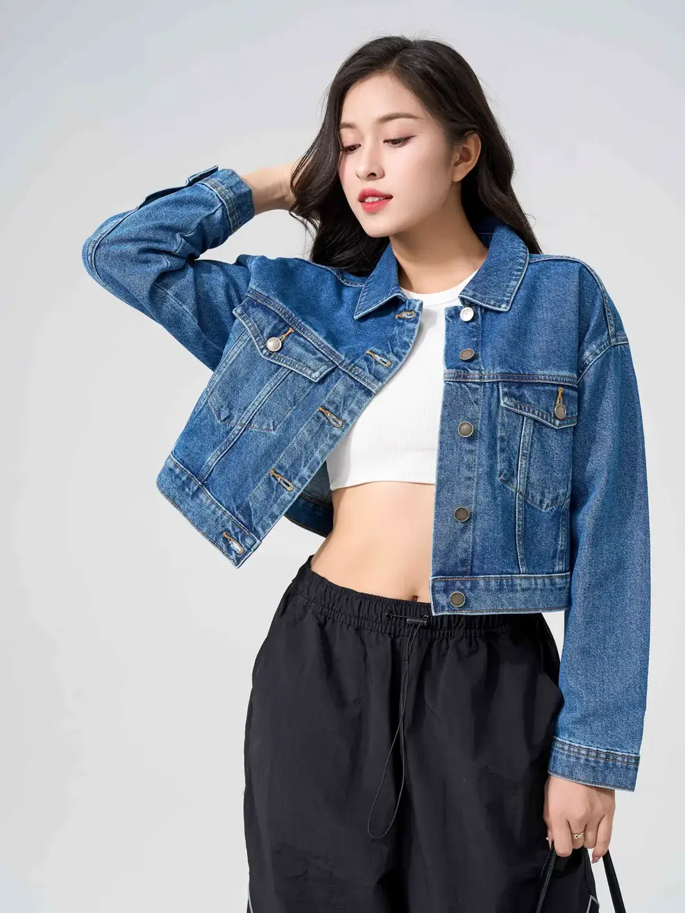Áo Khoác Jeans Nữ Crop Cơ Bản - xanh trung - S