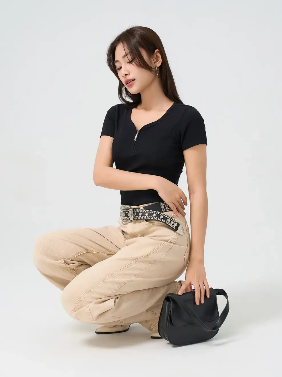 Quần Jeans Nữ Ống Rộng Cạp Cao Can Phối - Be - 25