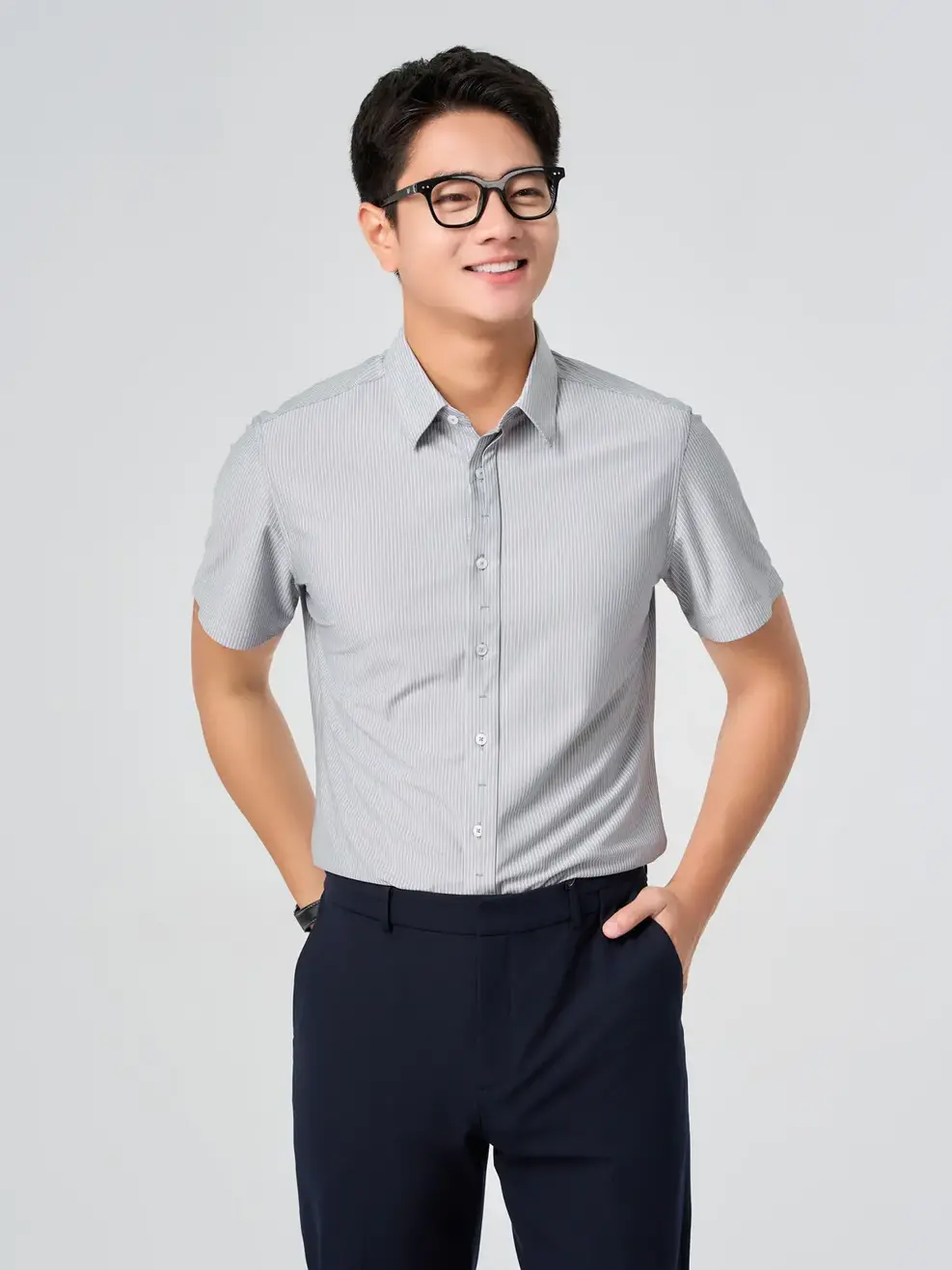 Áo Sơ Mi Nam Cộc Tay Nẹp Kiểu Họa Tiết Kẻ Sọc - Kẻ sọc Xám - L