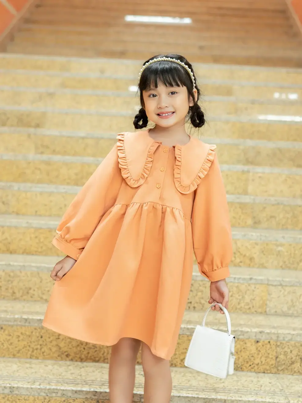 Váy Kid Nữ Lá Cổ To Nhún Bèo - Cam - 4