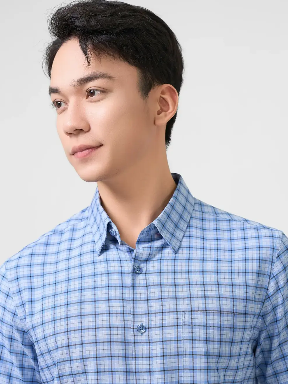 Sơ Mi Cộc Tay Nam Nano Kẻ Caro Túi Ngực - Xanh - M