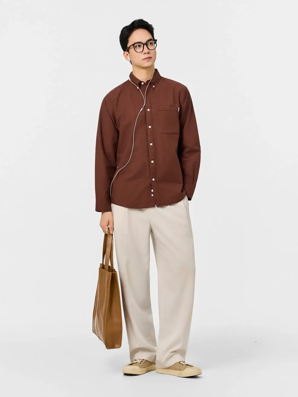 Áo Sơ-mi nam oxford dài tay phối túi - Màu nâu 002 - M