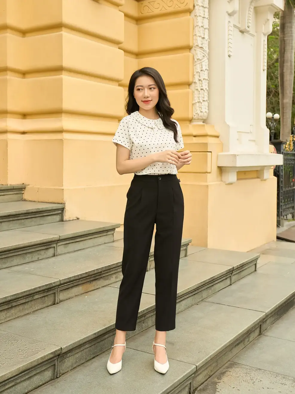 Áo polo nữ mắt chim chấm bi cổ sen - Trắng - S