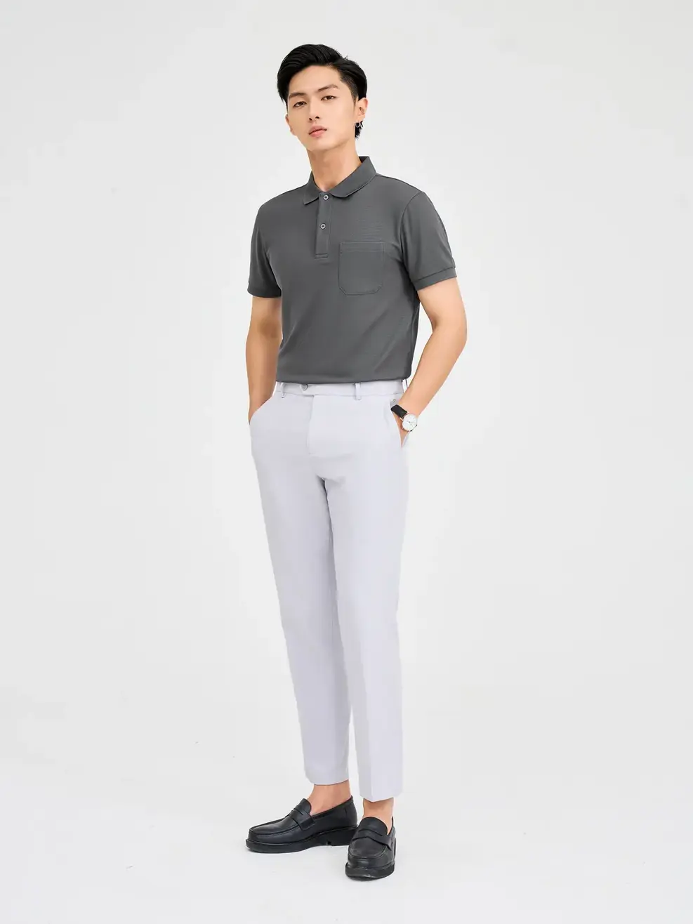 Polo Nam Cafe Tổ Ong Nẹp To - Ghi - M