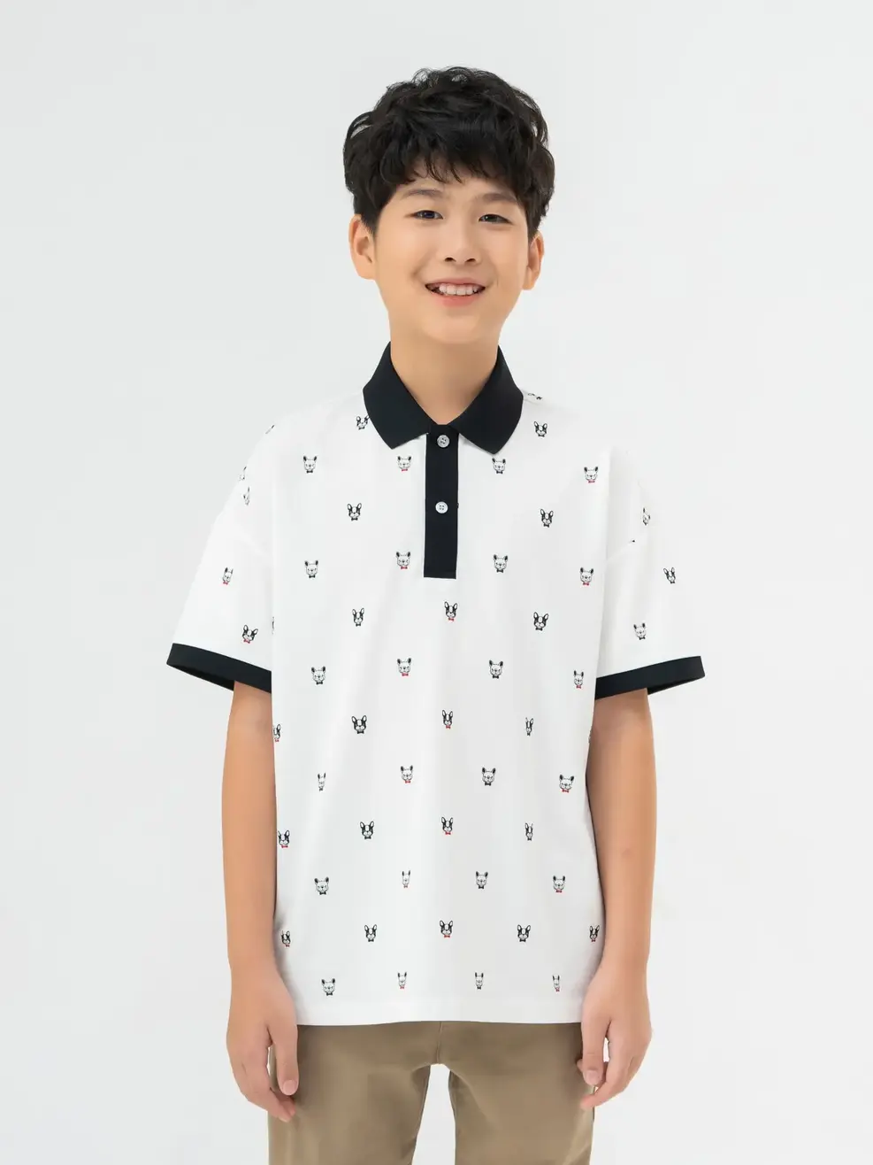 Áo Polo Trẻ Em Mắt Chim In Cún - Trắng phối đen - 8