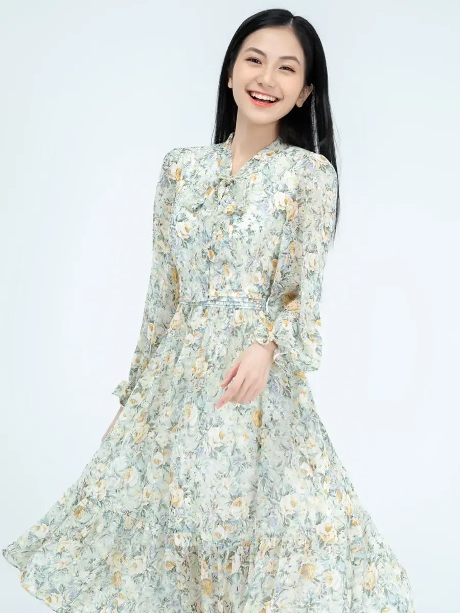 Đầm hoa nhí cổ buộc nơ - Xanh - S