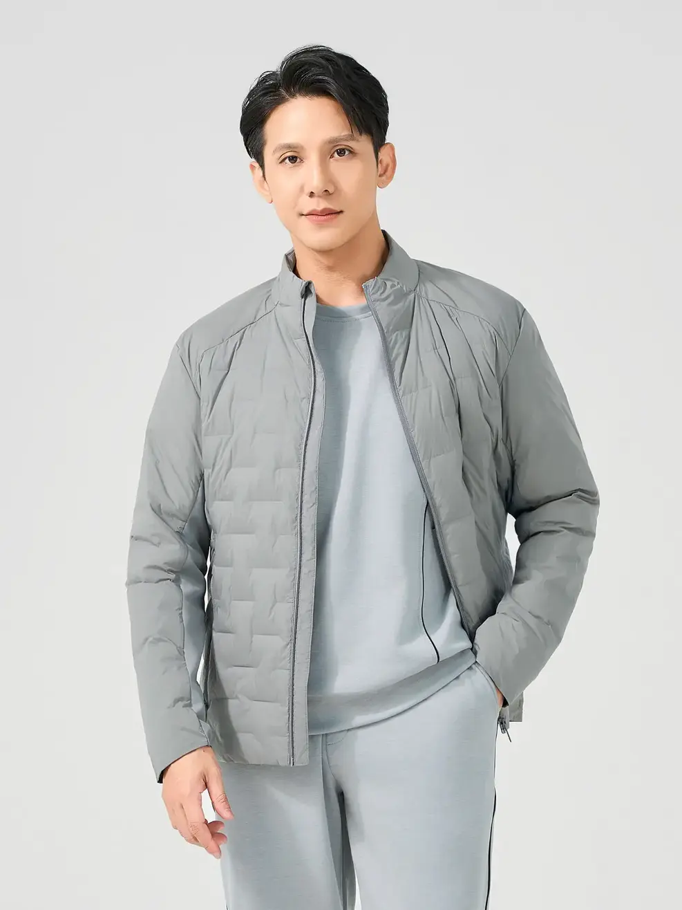 Phao Vip Lông Vũ Nam Ép Bonding Phối Nách - Ghi nhạt - M