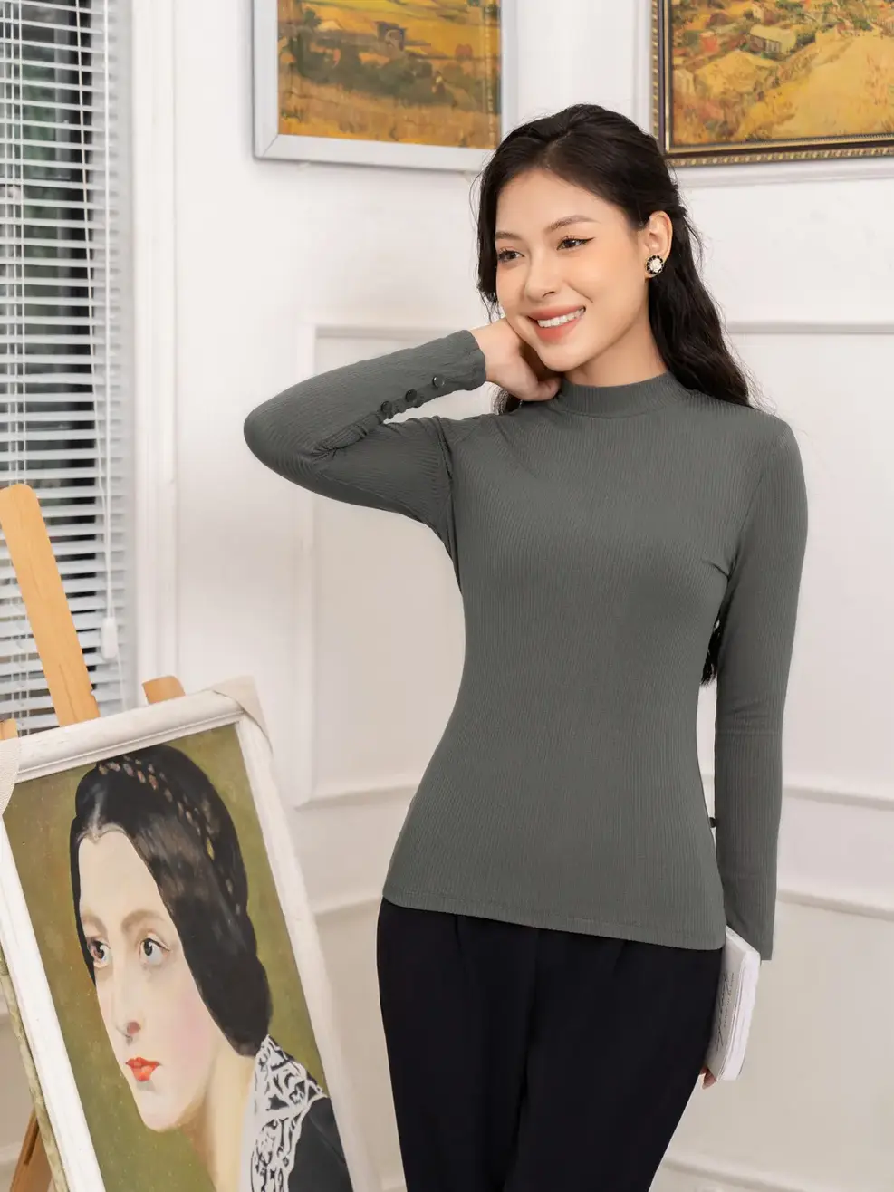 Áo thu đông nữ ôm cúc tay - Tàn Trung - M