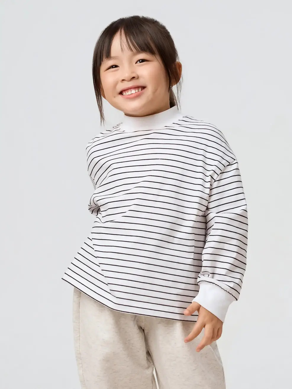 Áo Phông Dài Tay Kids Kẻ Cổ 3cm - Kẻ Trắng 058 - 110