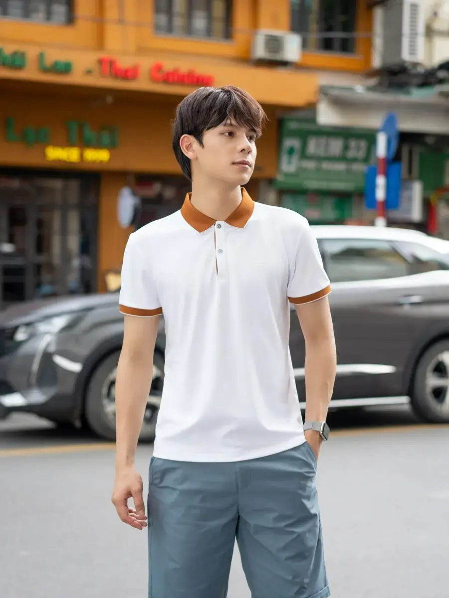 Polo café phối nẹp - Trắng nâu - 3XL