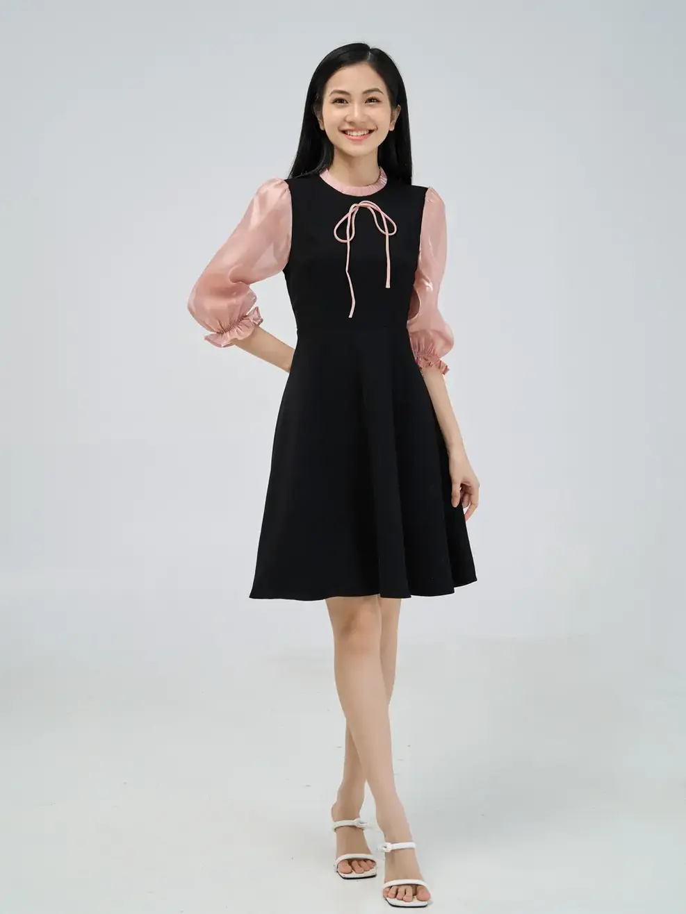 Đầm xòe phối tay - Cam - S