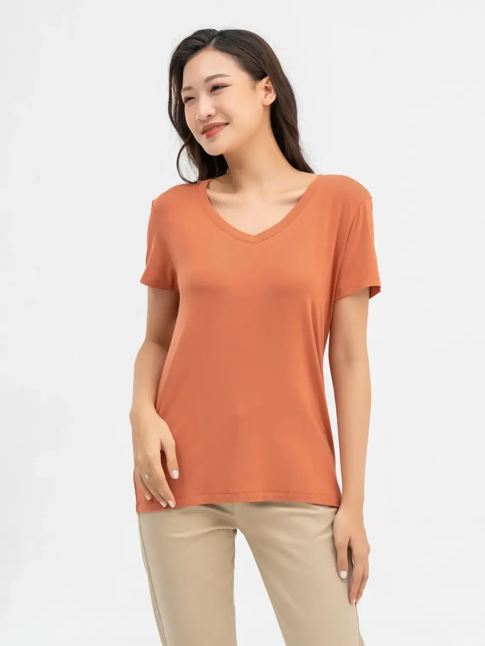 Áo Thun Nữ Cổ Tim Bamboo - Nâu - F