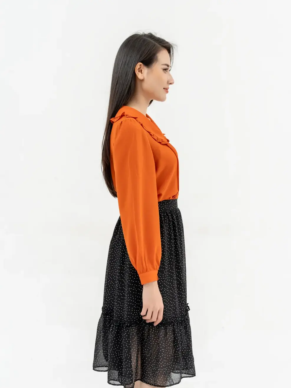 Áo Sơ Mi Tay Dài Nữ Cổ Bèo Dáng Suông  - Cam - S