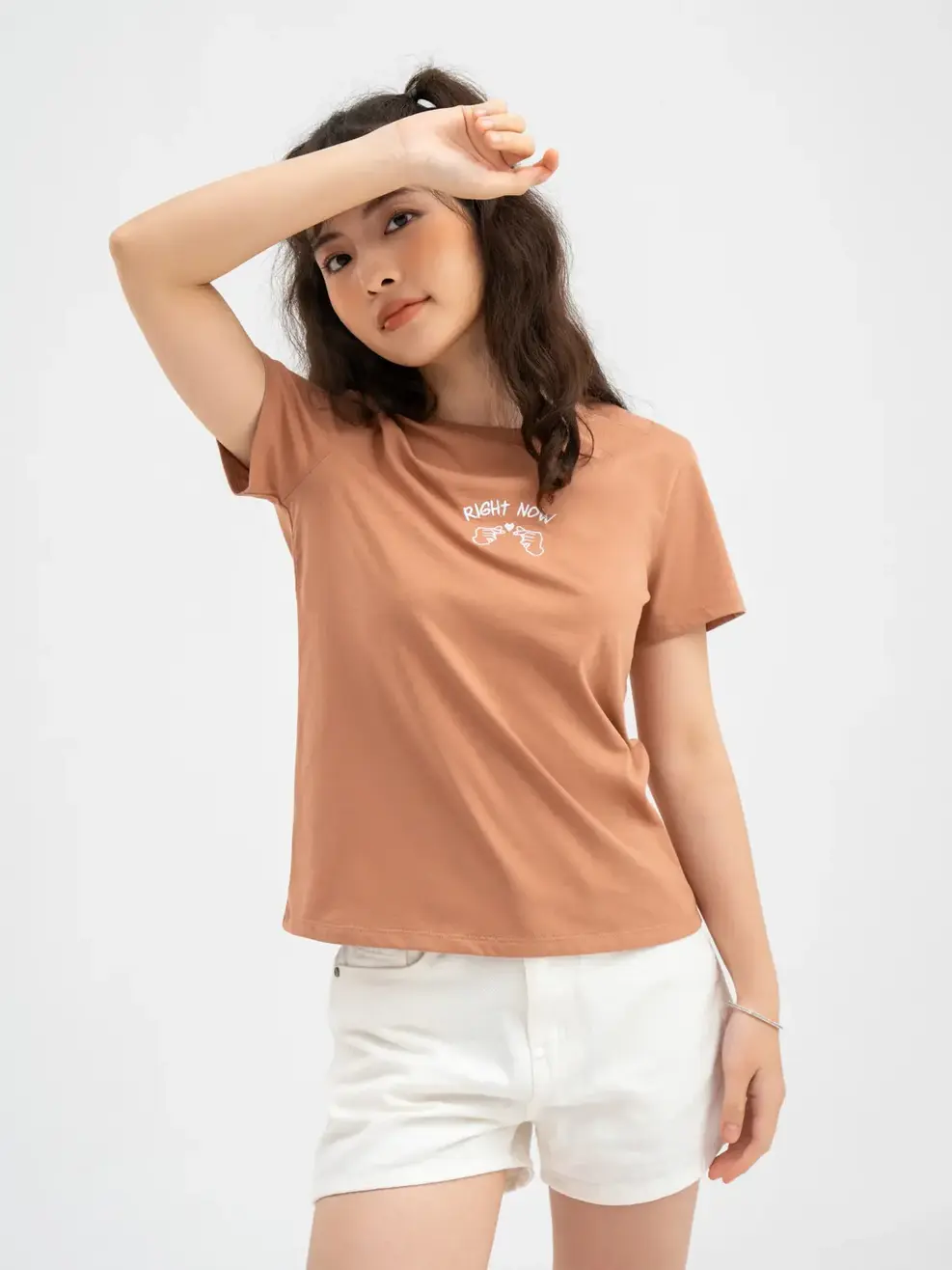 T-shirt Nữ Thêu Chữ Right Now Cotton Usa - Nâu - L