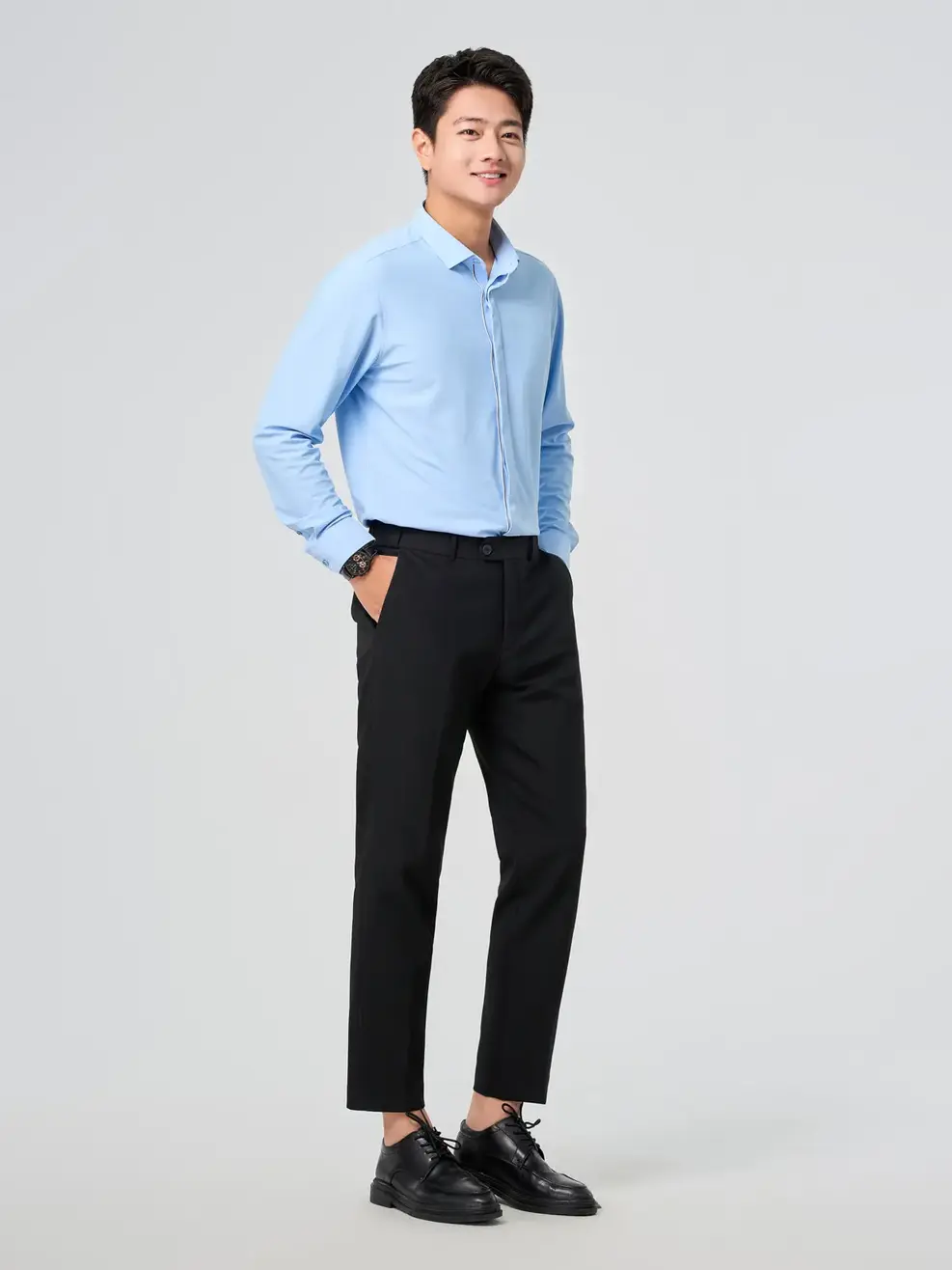 Áo Sơ Mi Nam Business Knit Phối Nép Giấu Cúc - Xanh da trời 117 - S