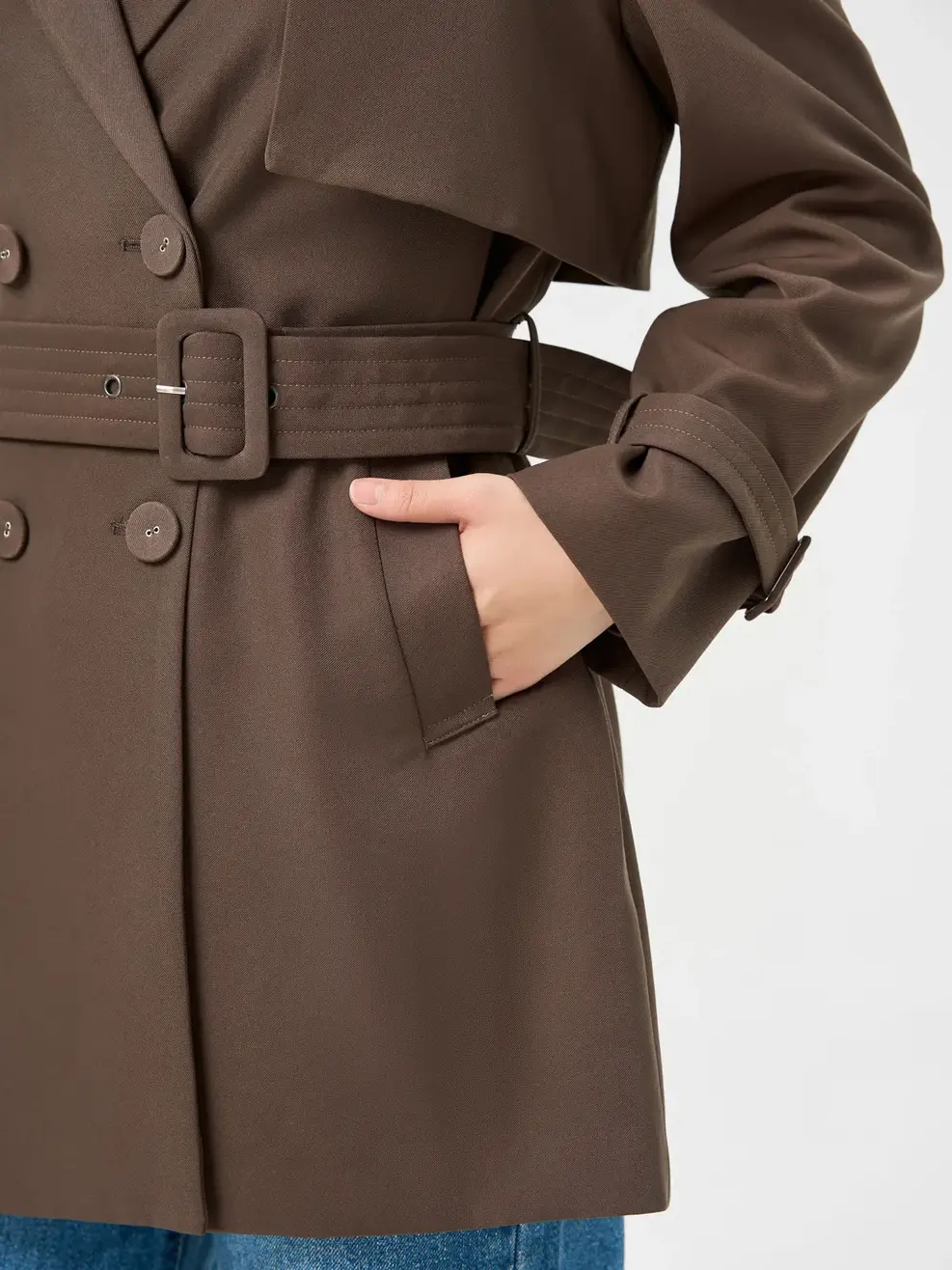 Áo Măng Tô Nữ Dáng Suông Đai Eo - Nâu - S