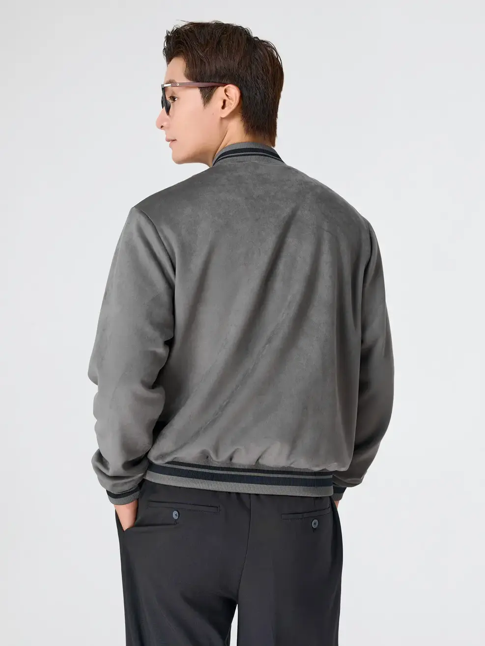 Áo Khoác Da Lộn Bomber Bo Kẻ - Xám 173 - M