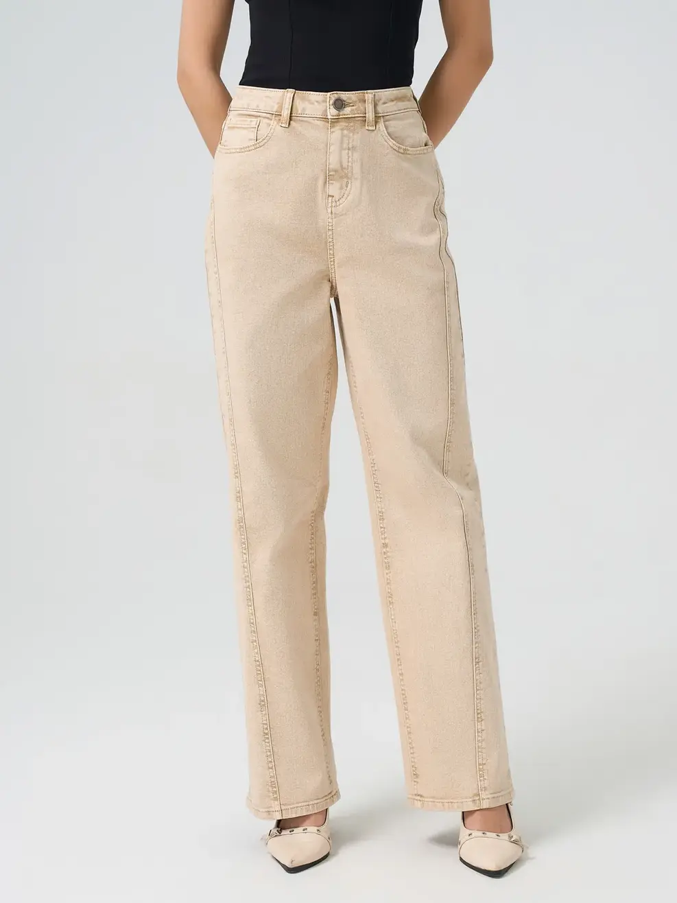 Quần Jeans Nữ Ống Rộng Cạp Cao Can Phối - Be - 25