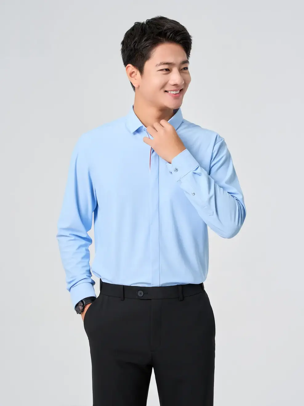 Áo Sơ Mi Nam Business Knit Phối Nép Giấu Cúc - Xanh da trời 117 - S