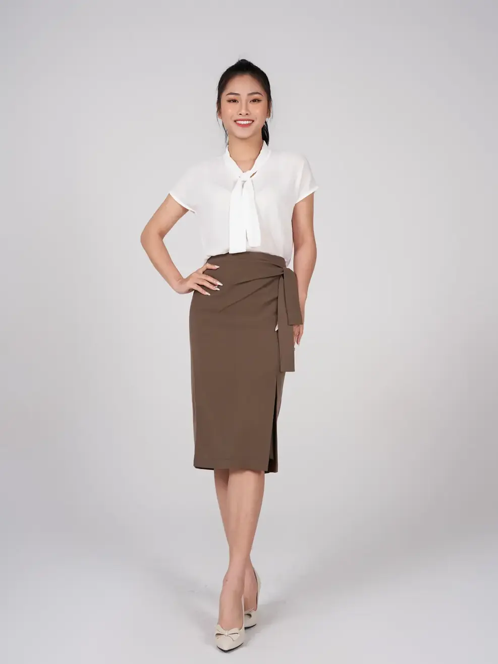 Chân váy nữ thắt vạt hông - Nâu - L