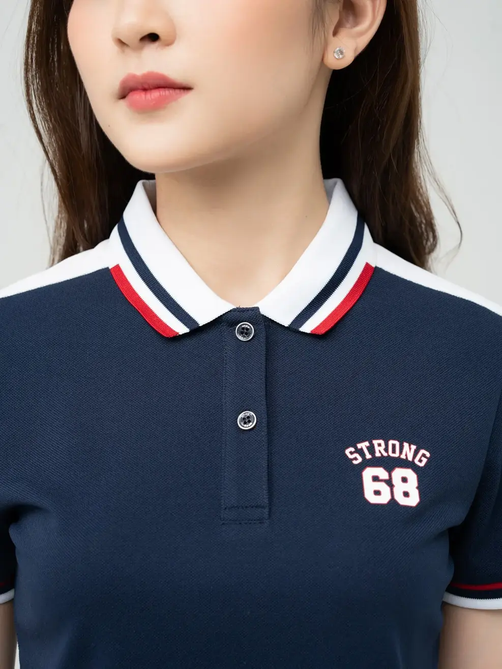 Polo Nữ Cafe Phối Tay - Navy phối Trắng - S