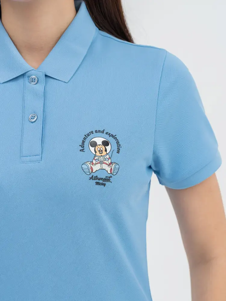 Polo Nữ Cafe Dệt Tổ Ong Mickey In Ngực - Xanh lơ - S