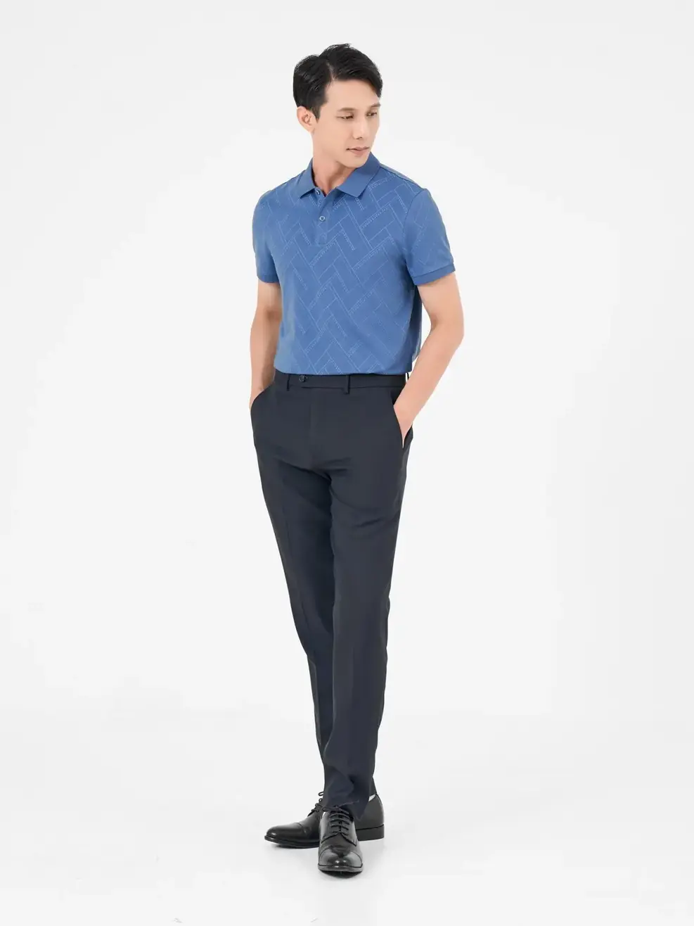 Áo Polo Nam Mắt Chim Hoạ Tiết Tràn Thân - Xanh xám - M