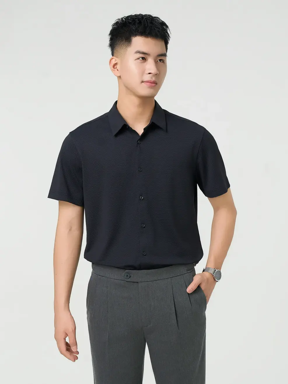 Áo Sơ Mi Nam Cộc Tay Business Bề Mặt Tổ Ong - ĐEN 002 - XL