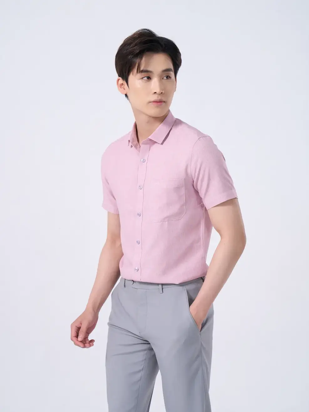 Sơ mi café cộc tay melange có túi - Hồng - M