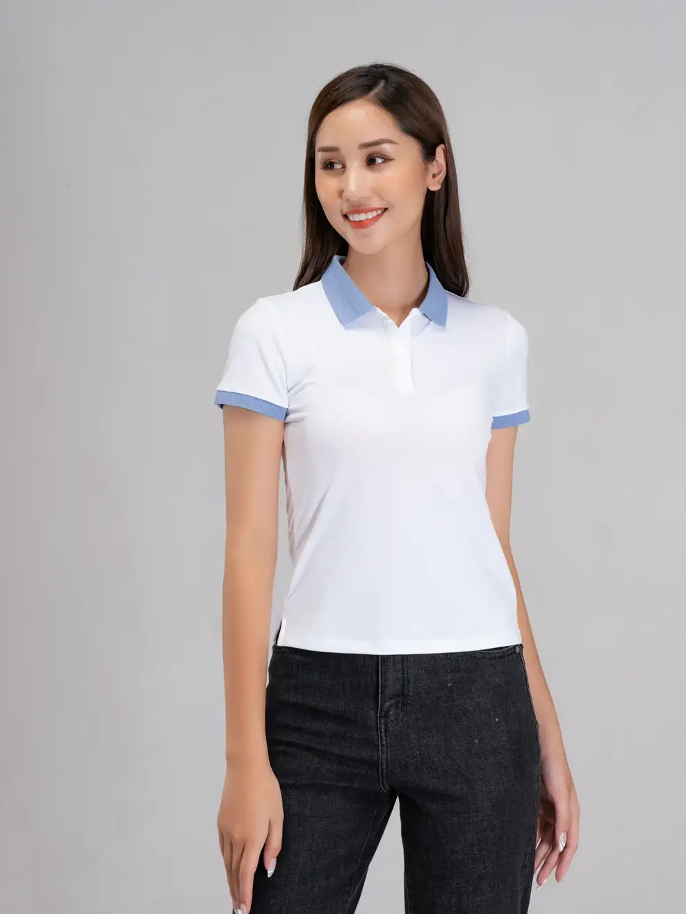 Polo nữ coolmax phối bo - Trắng xanh lơ - L