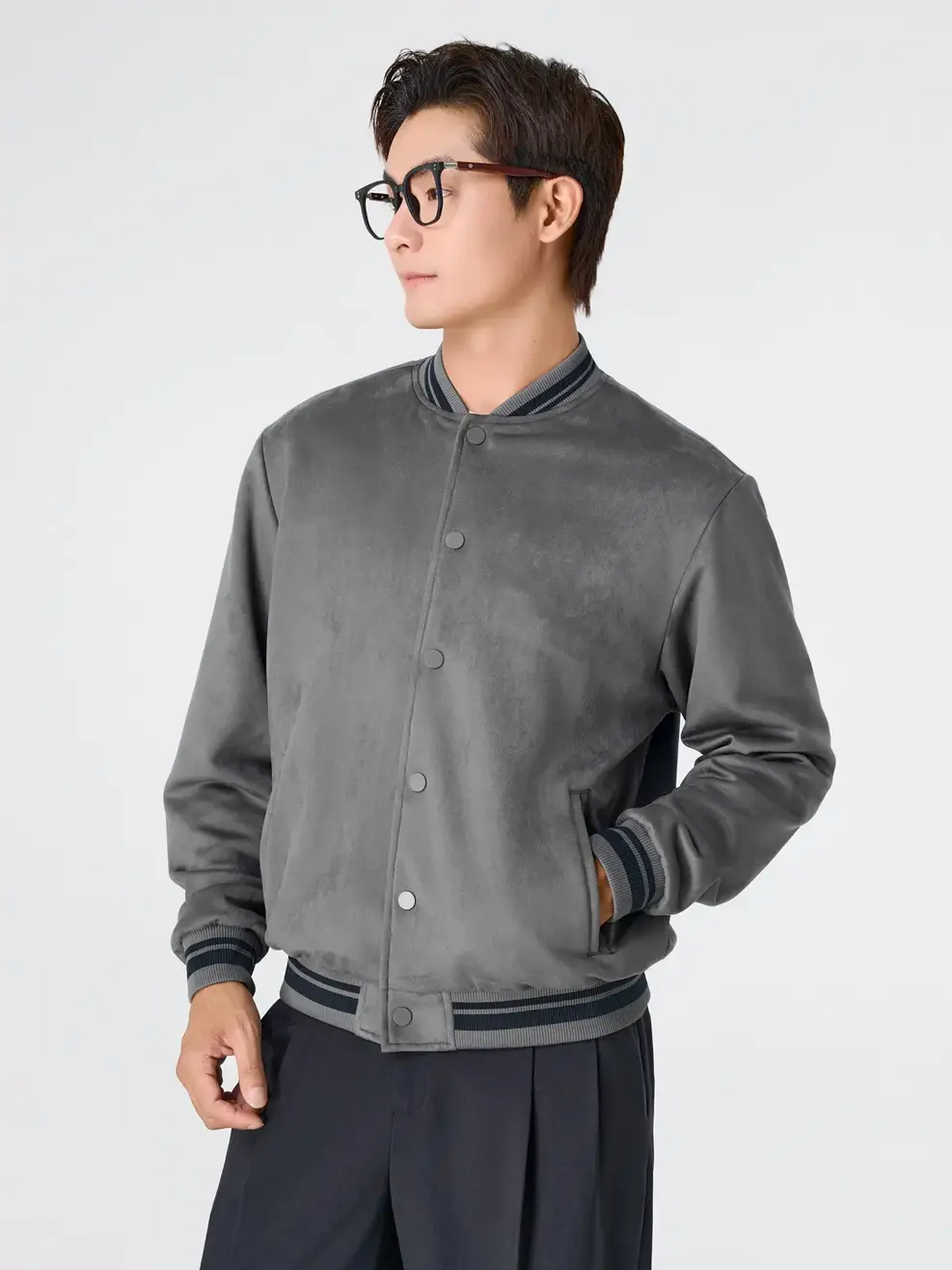 Áo Khoác Da Lộn Bomber Bo Kẻ - Xám 173 - M