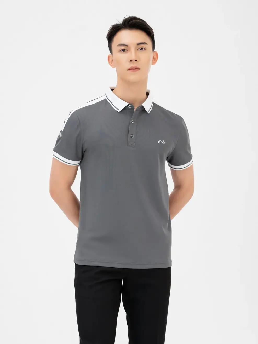 Polo Nam Cafe Dệt Tổ Ong Phối Tay - Ghi trắng - M