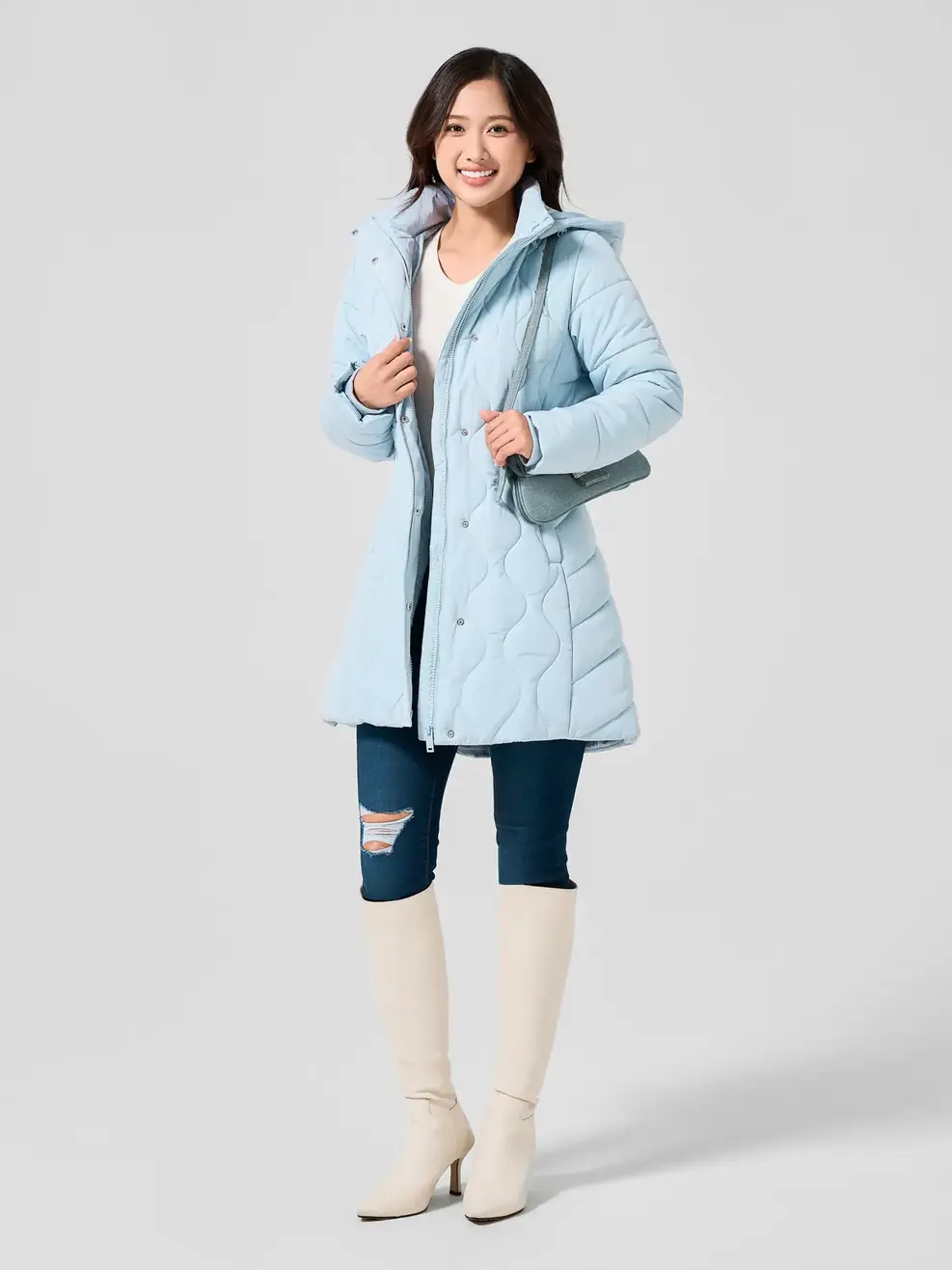 Áo Phao Nữ Dáng Dài Lỡ Trần Sóng Mũ Rời - Xanh lơ - M