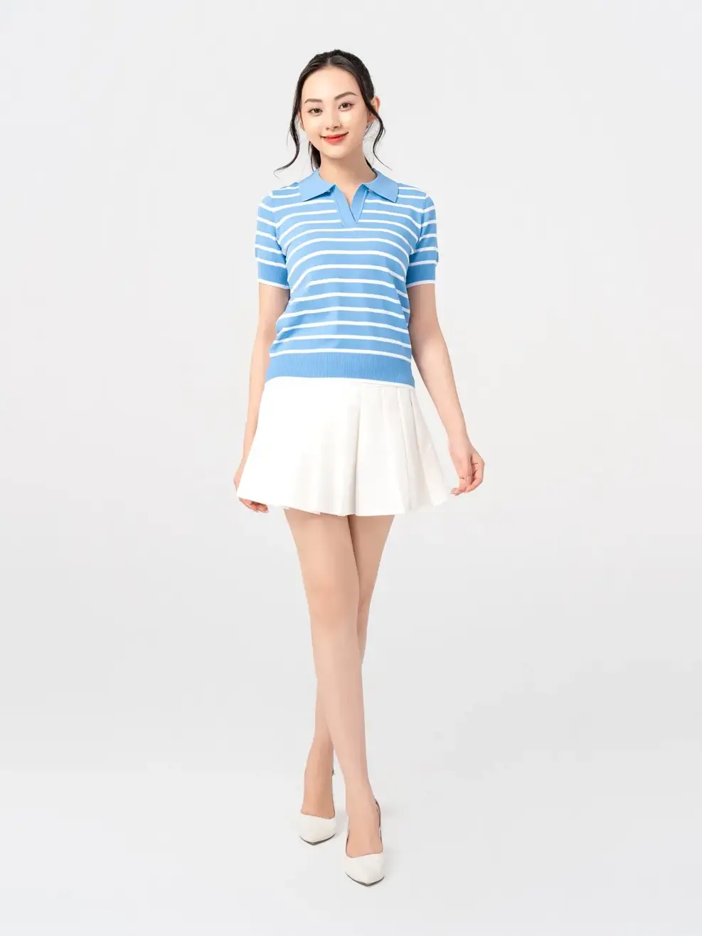 Áo len nữ kẻ cổ polo - Xanh trắng - S