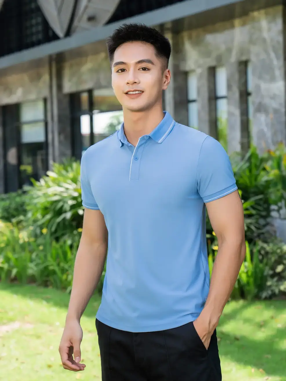 Áo polo nam airycool phối nẹp - Xanh lơ - L