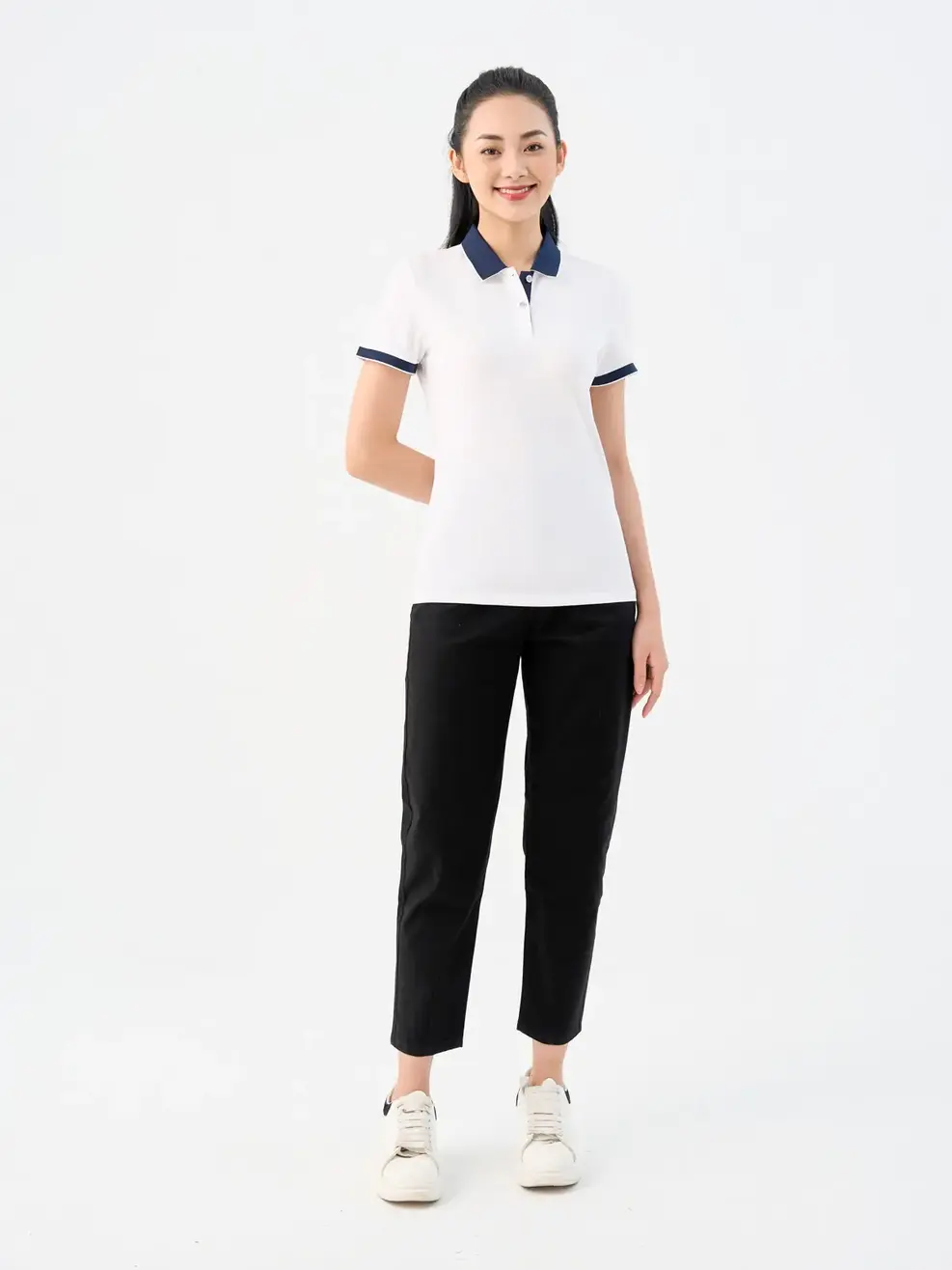 Polo nữ café phối nẹp - Trắng navy - S