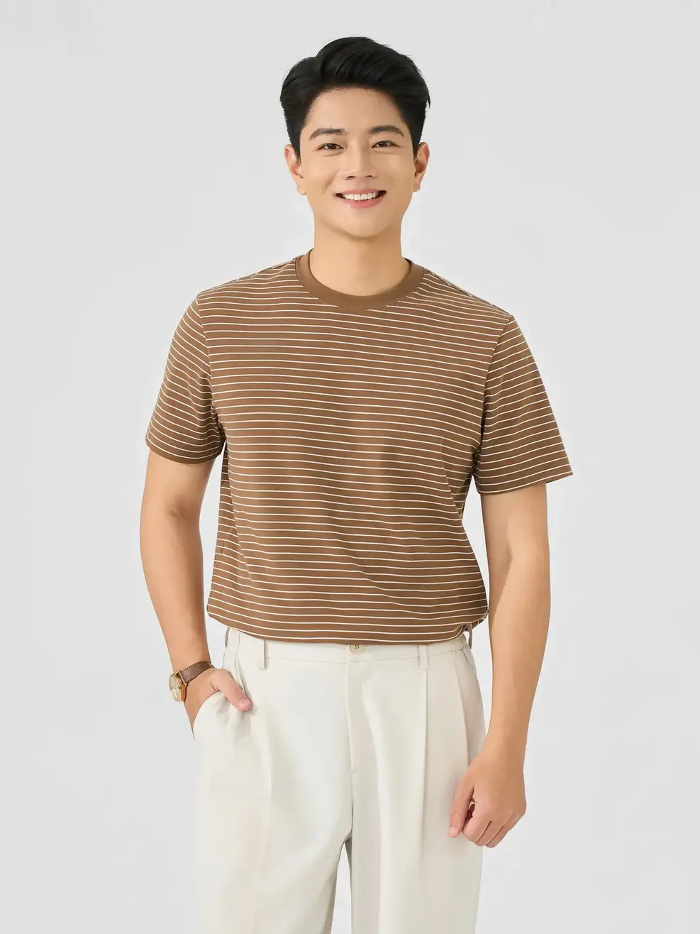 Áo Phông Nam Regular Họa Tiết Kẻ - Kẻ Nâu 128 - M
