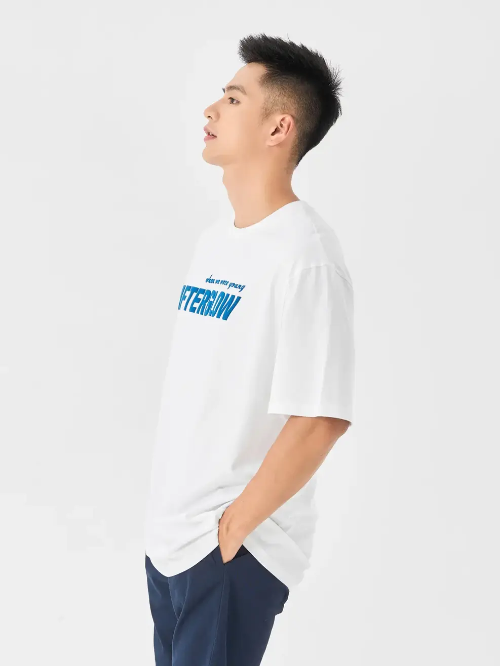 T-shirt Nam Dáng Rộng In Chữ Ngực - Trắng - M