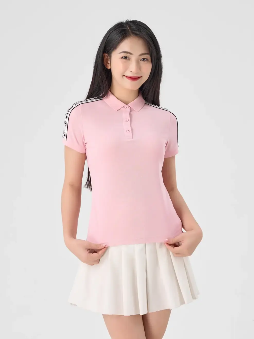 Polo Nữ Cafe Dệt Tổ Ong Phối Dây Dệt - Hồng - S