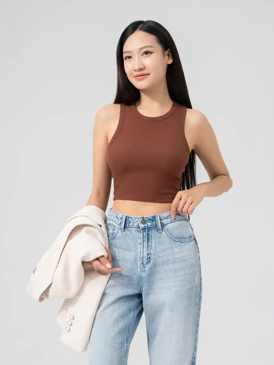 Áo 3 Lỗ Nữ Thun Rib Tăm Nhỏ Dáng Ngắn - Nâu - S