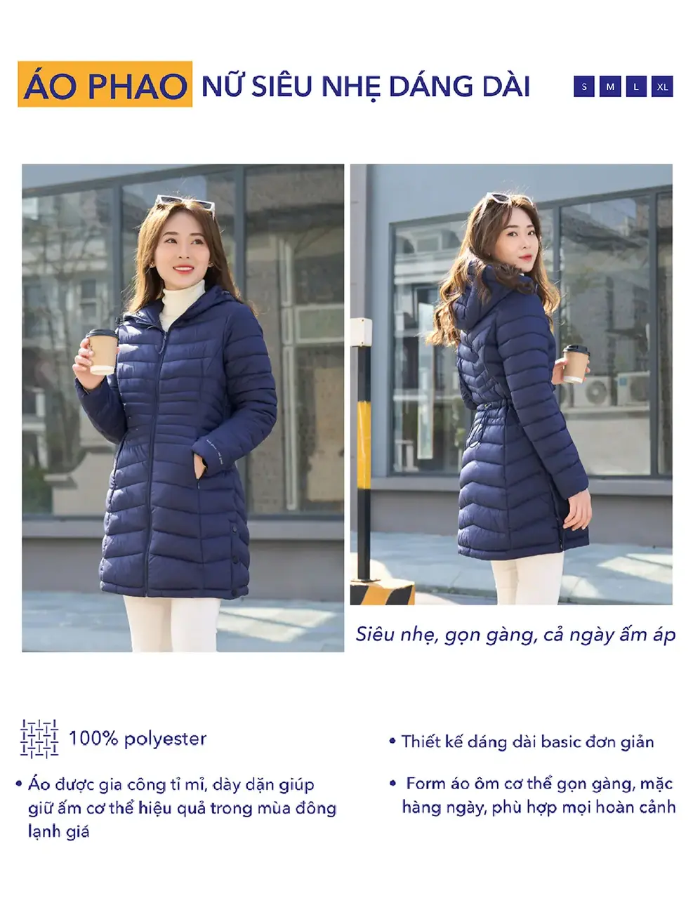 Phao nữ Yody dáng dài - Tím than - XL